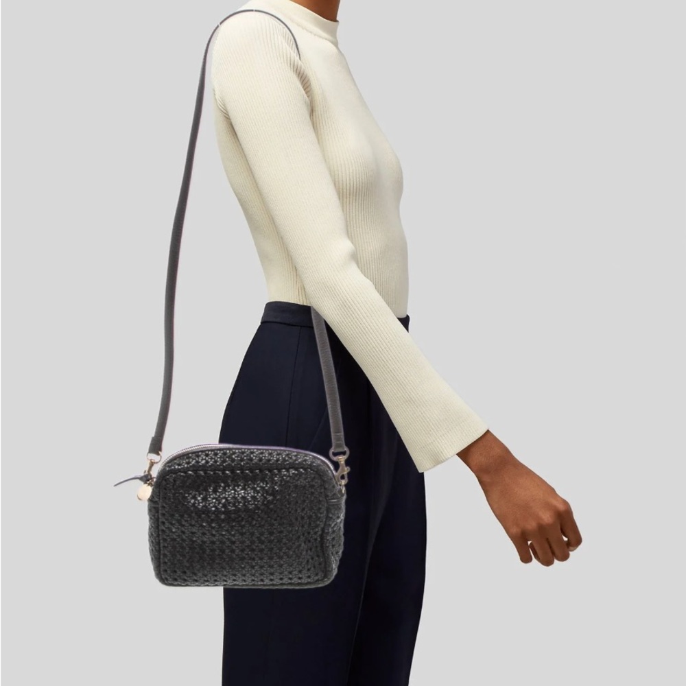 Woven Black Leather Crossbody Bag with Gold Hardware